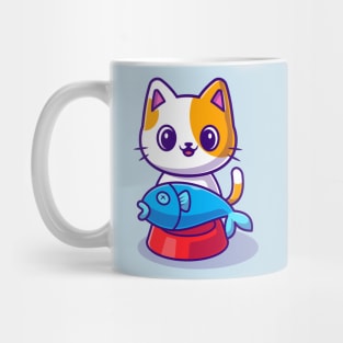 Cute Cat With Fish on Food Bowl Cartoon Mug